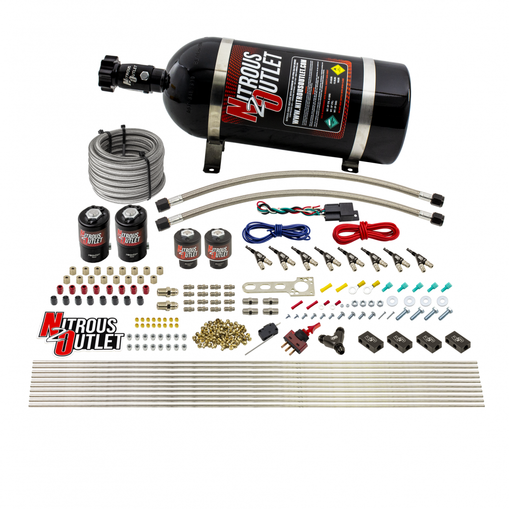 Nitrous Outlet 8 Cylinder Direct Port System - Two .112 Nitrous Solenoids/Two .177 Fuel Solenoids/Compact Distribution Blocks/Compression Fittings/90 Degree Discharge Nozzles (E85)(5-7-10 psi)(100-400HP)(15lb Bottle)