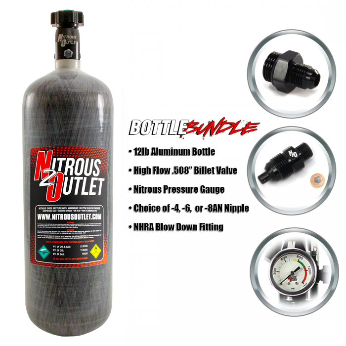Nitrous Outlet 12lb Composite Bottle Bundle - .508 ID Billet Valve/6AN Nipple/NHRA Blow Off/Pressure Gauge