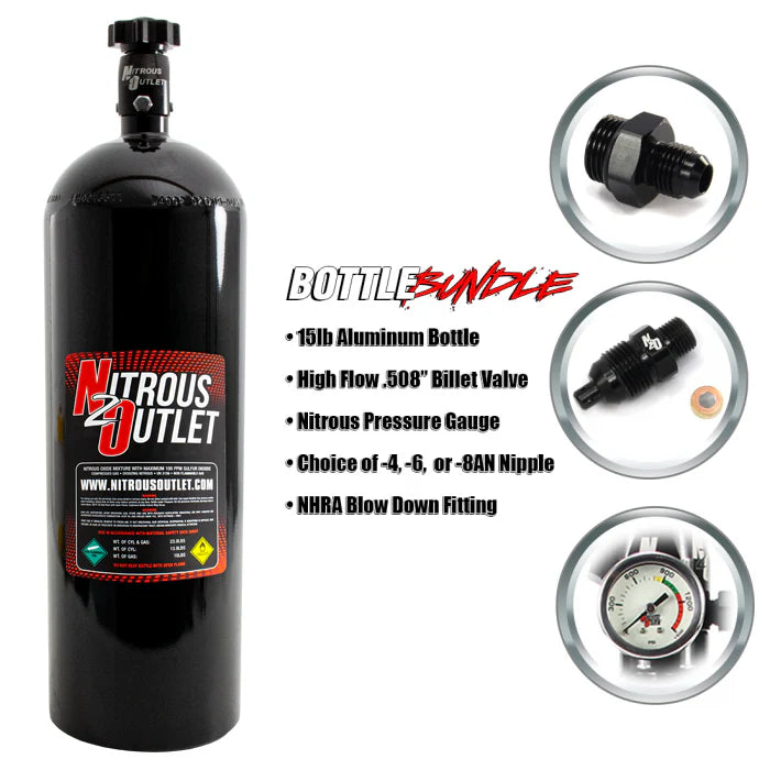Nitrous Outlet 15lb Bottle Bundle - .508 ID Billet Valve/4AN Nipple/NHRA Blow Off/Pressure Gauge