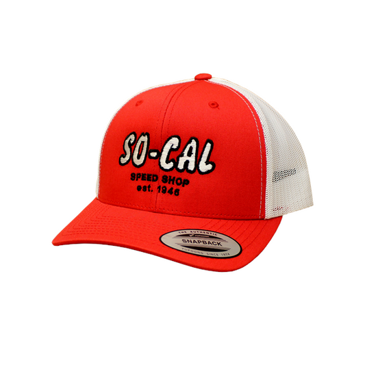 HAT:SO CAL SCRIPT SNAP BACK TRUCKER HAT RED/WHITE